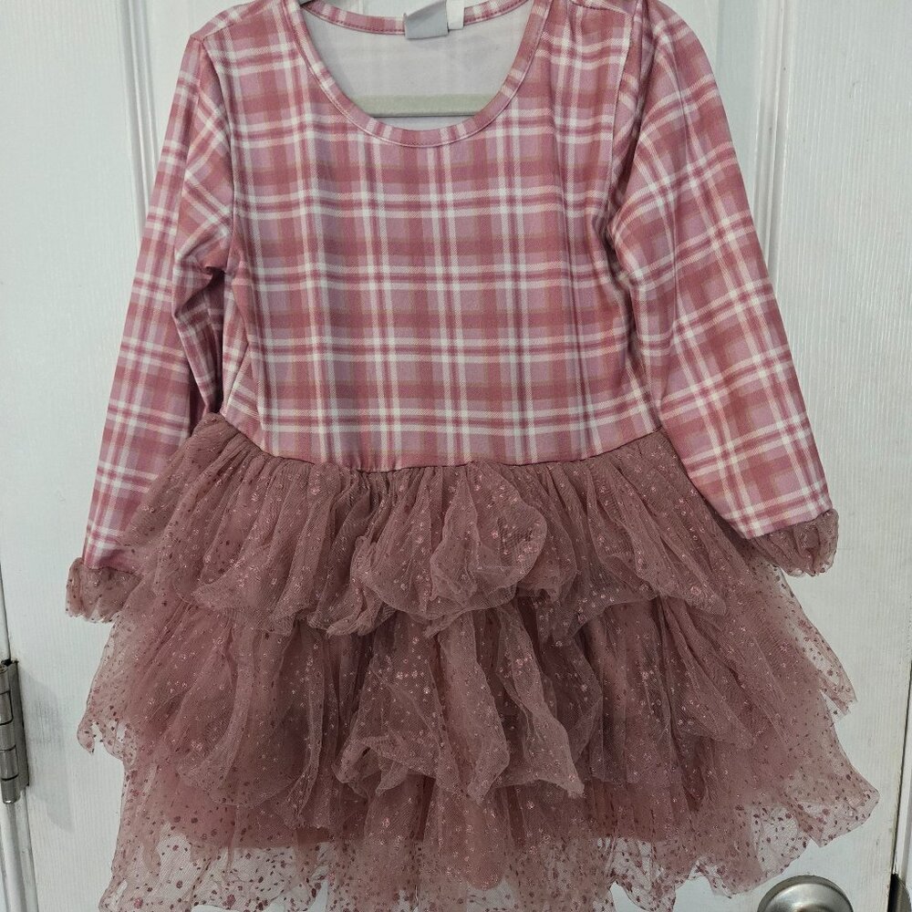 Mia Belle 4t Pink/Mauve Plaid Dress with Sparkle Tutu